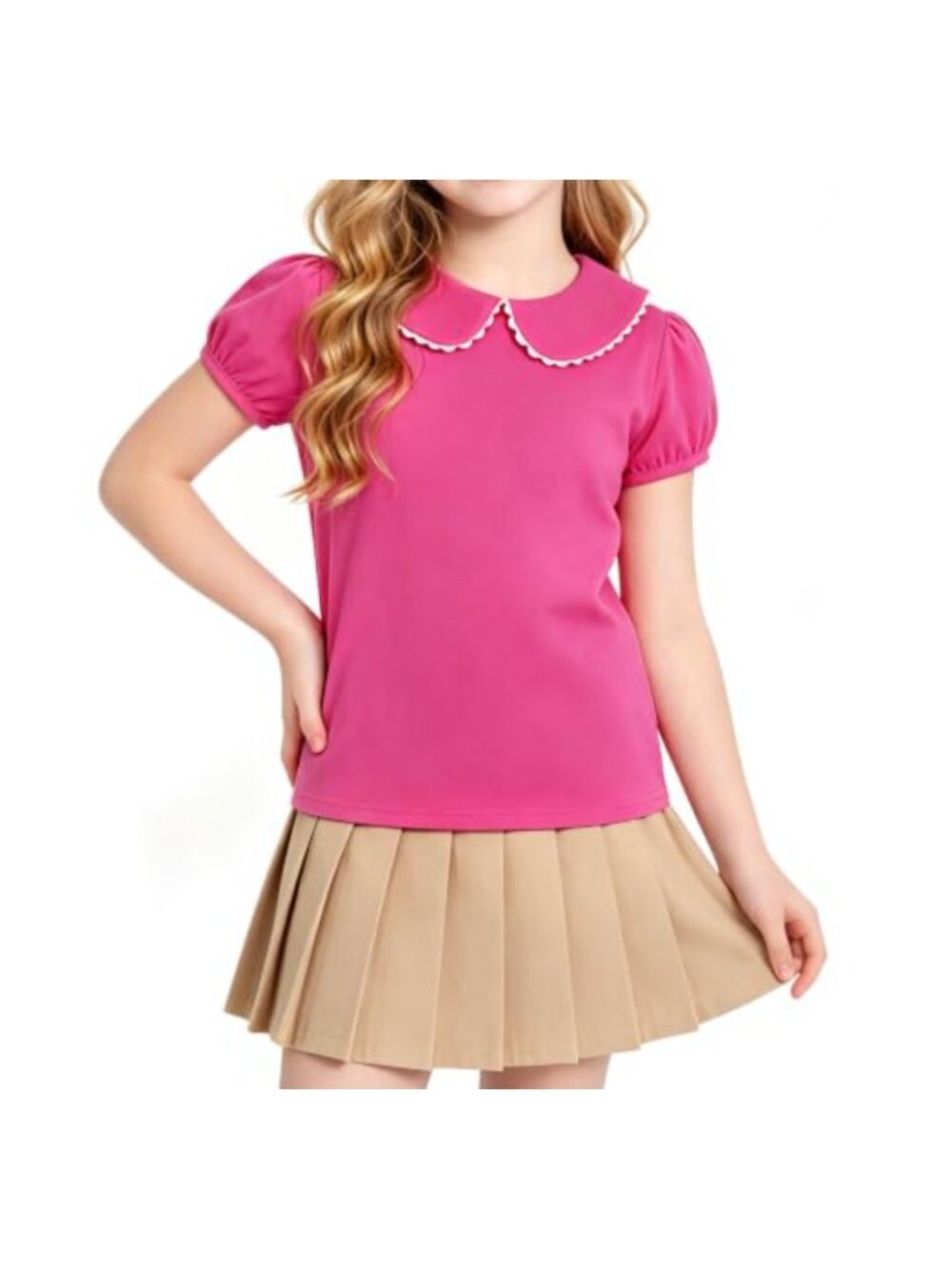 Girls Peter Pan Collar Short Sleeve Cotton Blend Tee Blouse